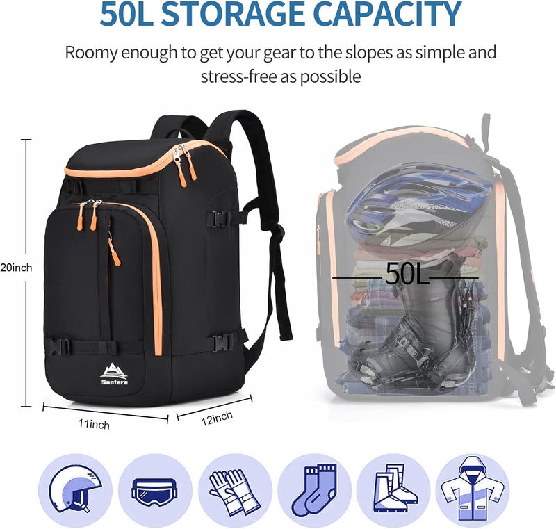 FeedMoo Ski Boot Bag Black Cooler Backpack 50L Waterproof Snowboard Travel Luggage Snow Bags for Youth Men Ski Helmet Goggles Gloves Skiing Gear Accessories - Image 2